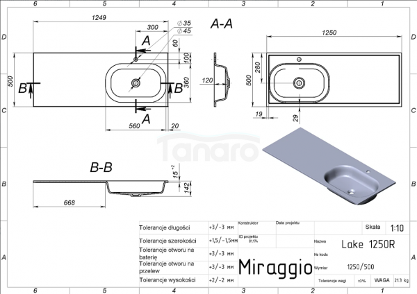MIRAGGIO Umywalka LAKE 1250 R MIRASOFT 8815195