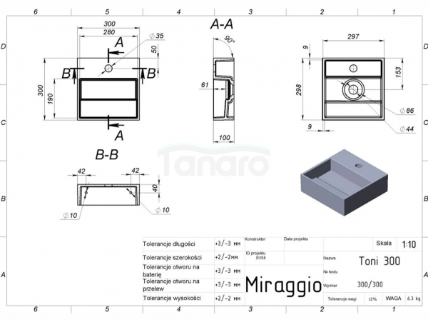 MIRAGGIO Umywalka 30x30 TONI 300 MATT 8814242
