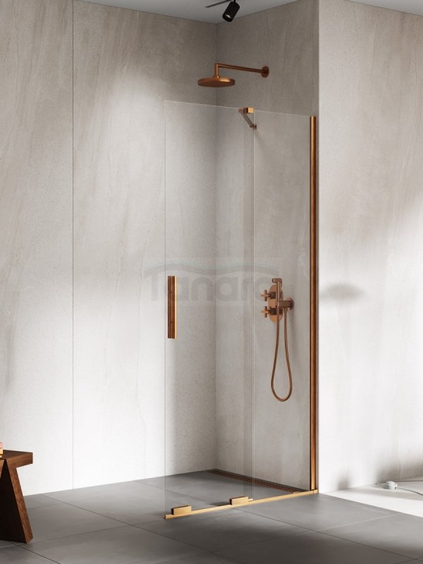 NEW TRENDY Kabina prysznicowa SMART COPPER BRUSHED 1D walk-in U 80x200 szkło czyste 8mm Active Shield 2.0 - WSPORNIK SKOŚNY EXK-7767-WU