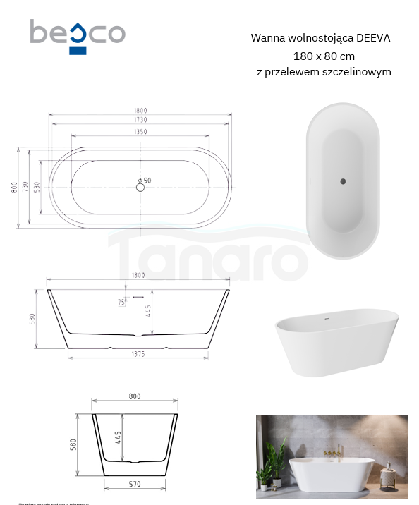 BESCO Wanna wolnostojąca Deeva Glam Grafitowa 180x80 + maskownica odpływu czarny matt #WWA-180DGGB
