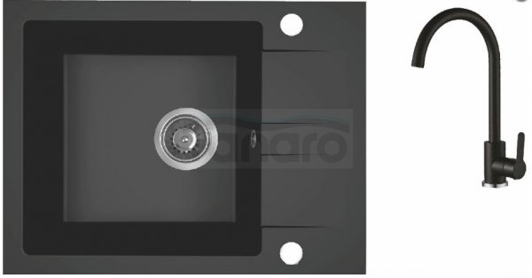 AQUAFORM - zlewozmywak granitowy MARANELLO 440 X 570 X 215 - 1 komora z 1/2 ociekacza, CZARNY MONO + syfon oszczędzający miejsce z korkiem automatycznym  AQ.901-101 + bateria stojąca z wylewką U  AQ.901-1019502
