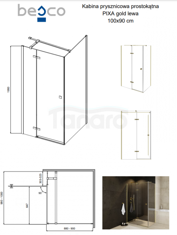 BESCO Kabina prysznicowa Pixa Gold 100x90 Lewa PPL-109-195G