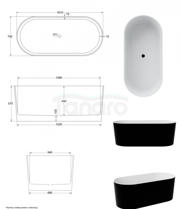 BESCO Wanna wolnostojąca Lova B&amp;W 160x74 + klik-klak gun metal czyszczony od góry #WWM160LBKGR