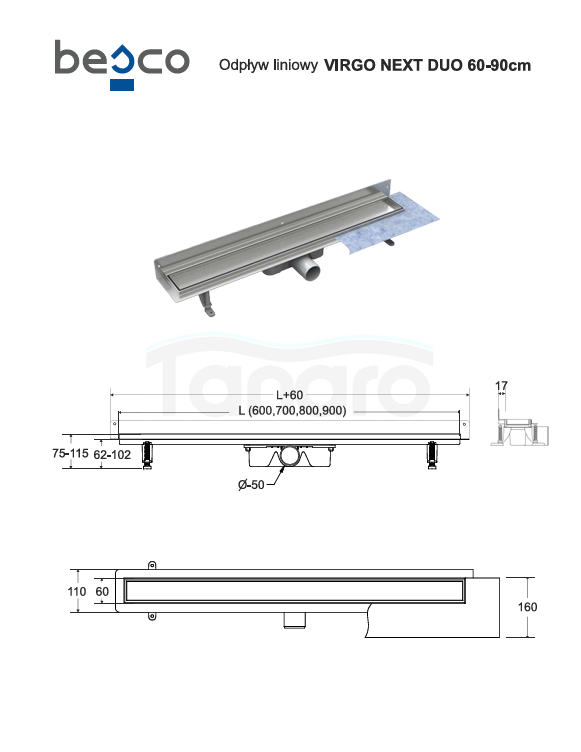 BESCO Odpływ liniowy Virgo Next Duo 70 OL-70-VND