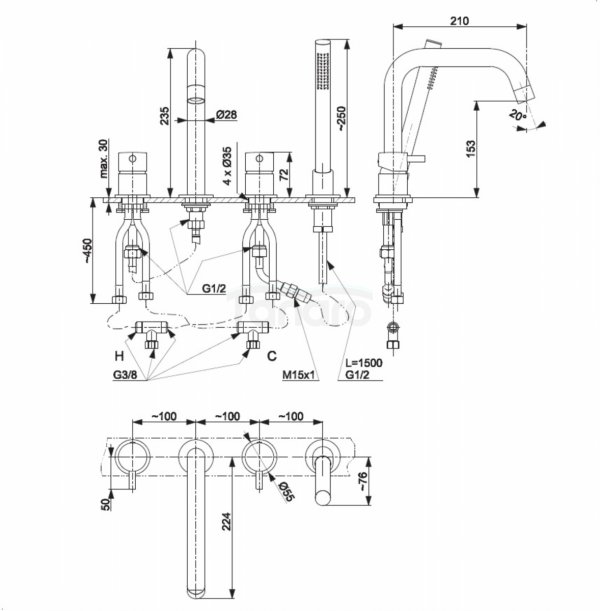 ARMATURA KRAKÓW KFA bateria wannowa 4-otworowa MOZA BLACK 5035-210-81