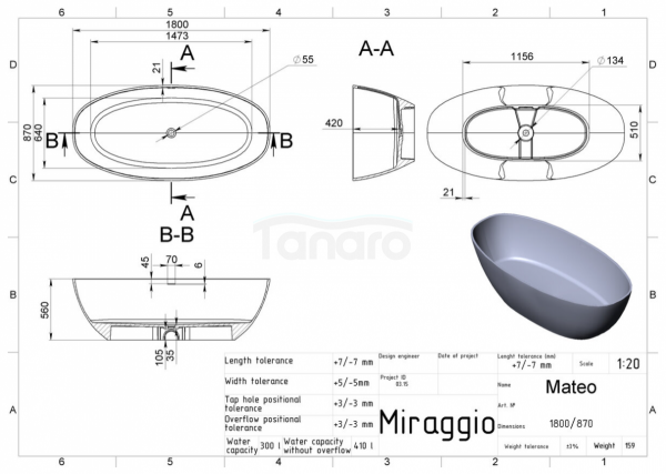 MIRAGGIO Wanna wolnostojąca 180cm MATEO 0001258