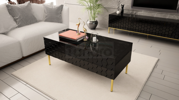 MEGSTYL ŁAWA 120CM NA ZŁOTYCH NÓŻKACH - czarny połysk HEXA 3