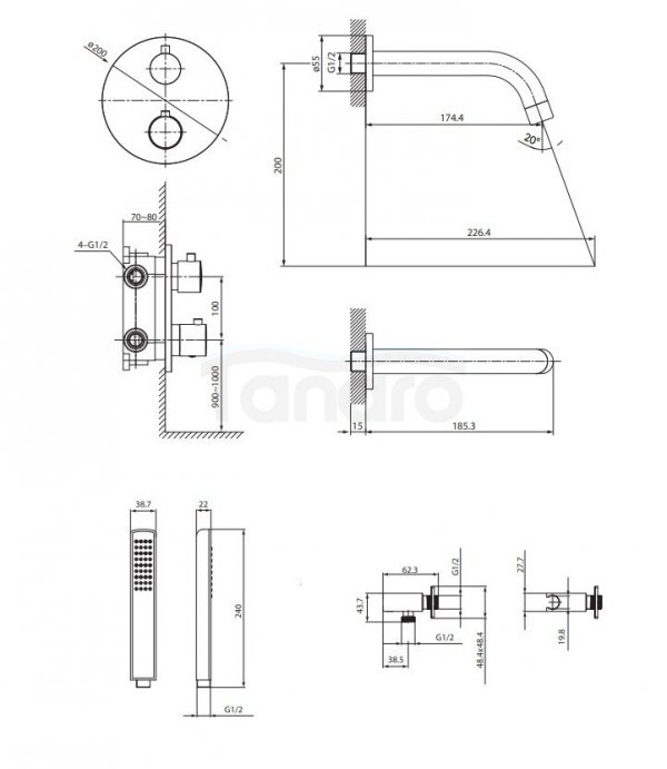 CERSANIT - Set B1004: zestaw wannowy podtynkowy ZEN miedź szczotkowana  S952-054
