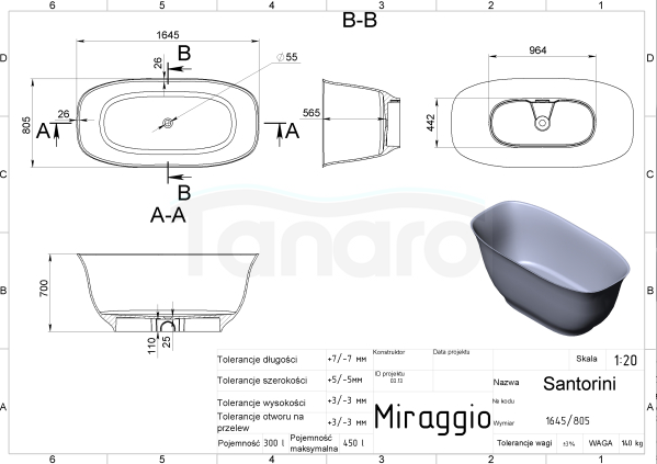 MIRAGGIO Wanna wolnostojąca SANTORINI 165cm matowa 0000776