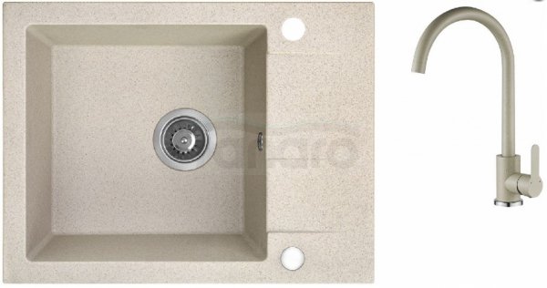 AQUAFORM - zlewozmywak granitowy MARANELLO 440 X 570 X 215 - 1 komora z 1/2 ociekacza, BEŻOWY + syfon oszczędzający miejsce z korkiem automatycznym + bateria stojąca z wylewką U  AQ.901-1012502