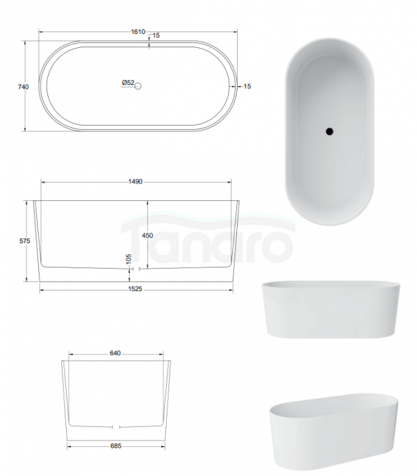 BESCO Wanna wolnostojąca Lova 160x74 + klik-klak gun metal czyszczony od góry #WWM-160LKGR