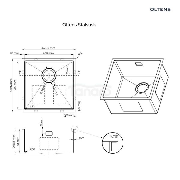 Oltens Stalvask zlewozmywak stalowy 1-komorowy 44x44 cm czarny 71100300