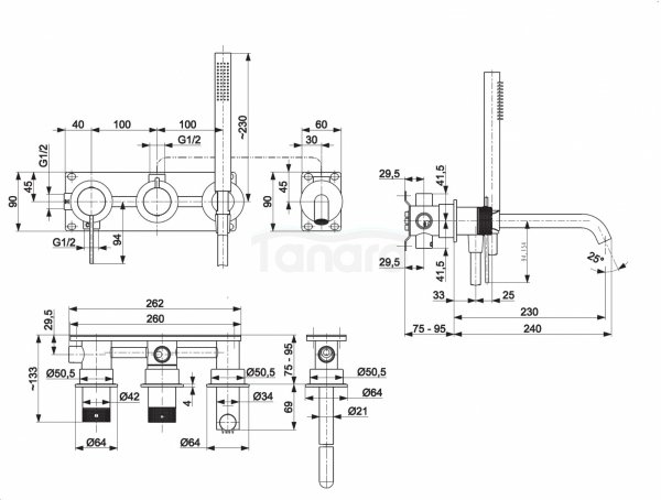 ARMATURA KRAKÓW KFA zestaw wannowy podtynkowy z baterią 3-otworową 2-funkcyjną MOZA 316L inox 5049-410-22