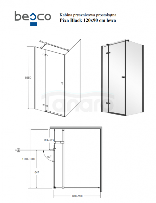 BESCO Kabina prysznicowa Pixa Black 120x90 Lewa PPL-129-195B