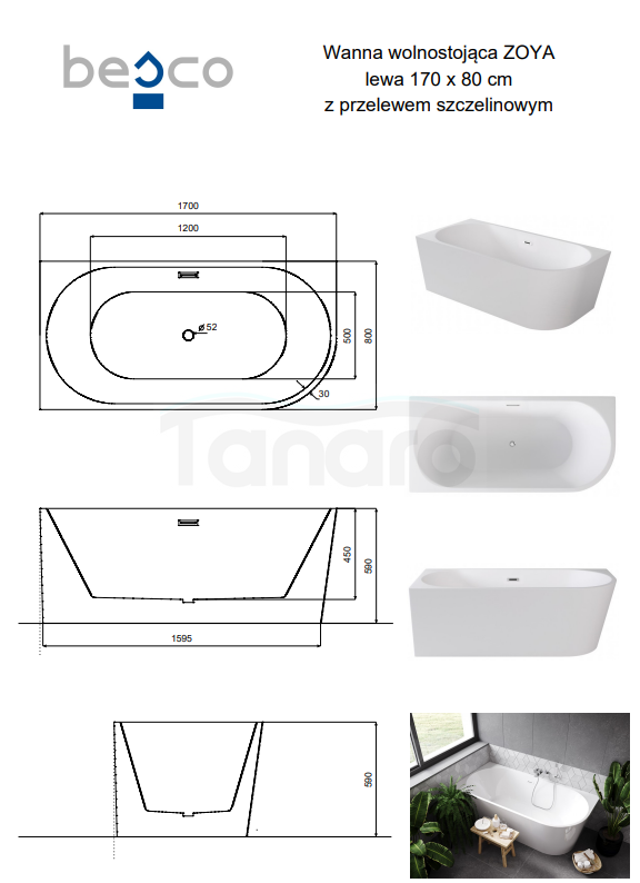 BESCO Wanna wolnostojąca przyścienna Zoya 170x80 Lewa + maskownica syfonu z przelewem czarna #WAS-170-ZLC