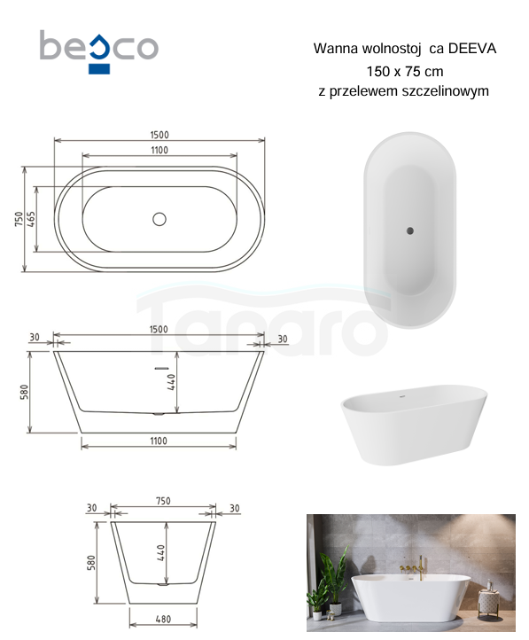 BESCO Wanna wolnostojąca Deeva Glam Srebrna 150x75 + syfon chrom #WWA-150DGSC