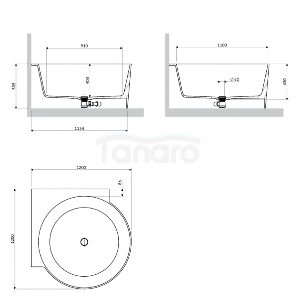 OMNIRES wanna narożna okrągła, 120 x 120 cm biały połysk OVO M+ OVO120WNBP