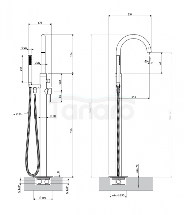 OMNIRES bateria wannowa wolnostojąca 96cm miedź szczotkowana Y1233-SCPB