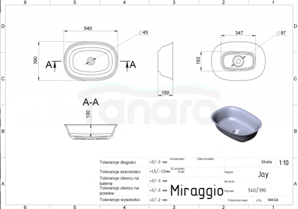 MIRAGGIO Umywalka JAY 0001875