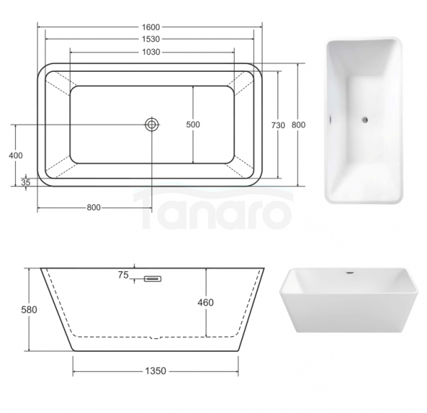 BESCO Wanna akrylowa wolnostojąca EVITA 160 x 80 x 58 #WAS-160-E