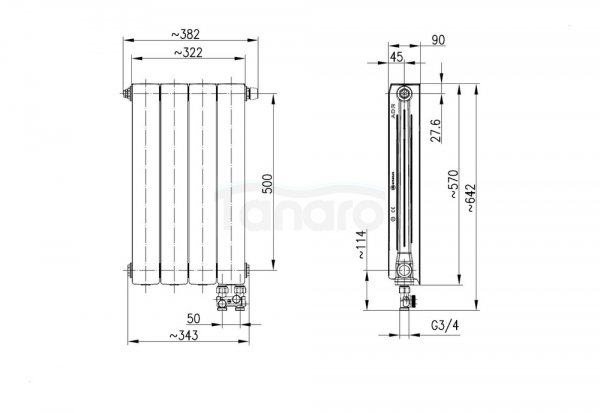 ARMATURA KRAKÓW KFA Grzejnik aluminiowy ADR500/D/4 z dolnym prawym zasilaniem prostym 763-042-44