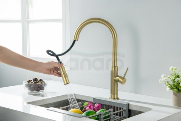 BLUE WATER Bateria kuchenna z wyciąganą wylewką Stinger złoto szampańskie (mosiądz antyczny)