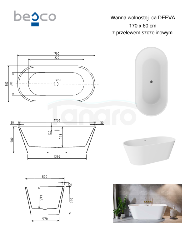 BESCO Wanna wolnostojąca Deeva Glam Grafitowa 170x80 + maskownica odpływu czarny matt #WWA-170DGGB