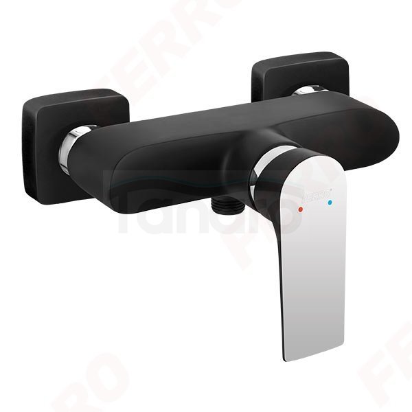 FERRO - Bateria natryskowa ścienna Algeo Square Black/Chrome BAQ7BLC
