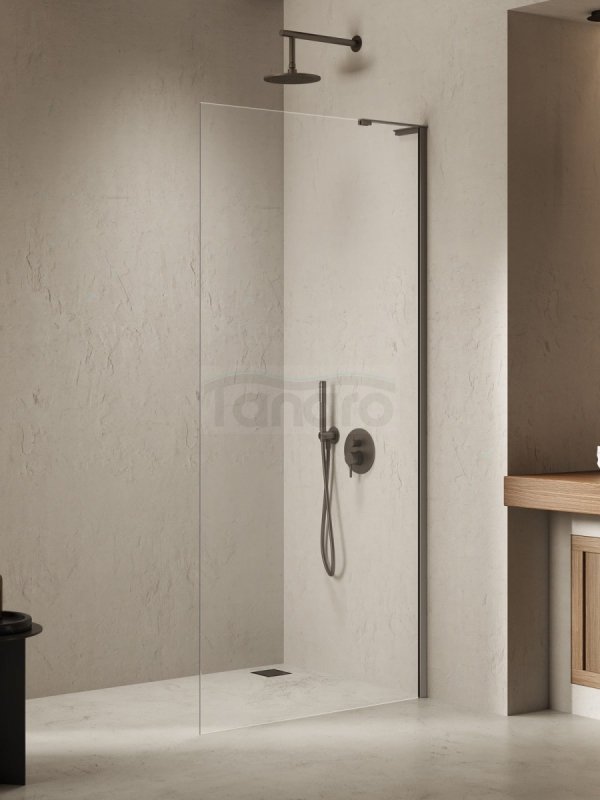 NEW TRENDY Kabina prysznicowa NESTA GUNMETAL BRUSHED WALK-IN U 110x200 szkło czyste 8mm Active Shield 2.0 - WSPORNIK KĄTOWY K-1758-WL