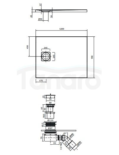 CERSANIT - Set C255 : brodzik prostokątny TAKO Slim 120x90x4,5 czarny mat + syfon  S208-002
