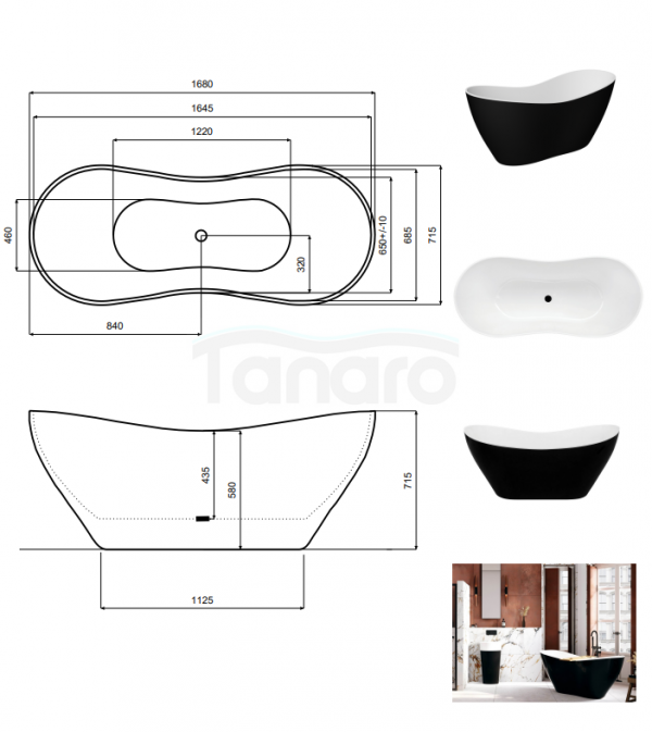 BESCO Wanna wolnostojąca Viya Matt B&amp;W 170x72 + klik-klak czarny czyszczony od góry #WMMC-170VKB