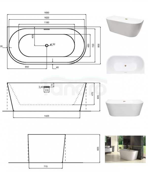 BESCO Wanna wolnostojąca Vica New 170 + klik-klak chrom z przelewem slim #WAS-170VN
