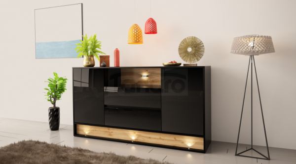 MEGSTYL KOMODA 160CM Z WSTAWKĄ DĄB WOTAN - Czarny - Wotan mat - Czarny połysk VISION 2