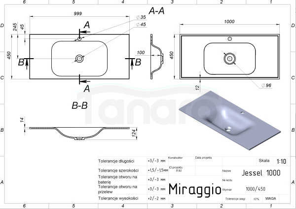 MIRAGGIO Umywalka JESSEL 100x45cm biała matowa 0000797