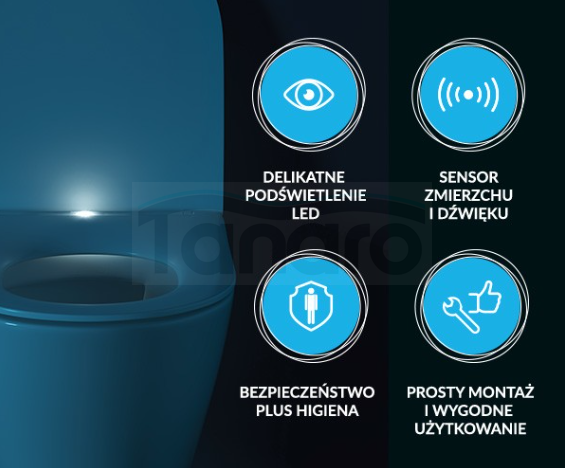 CERSANIT SET C821: MISKA ZAWIESZANA CITY PRO OVAL CERSANIT VORTEX Z DESKĄ DUROPLASTOWĄ MOONWAY SPOT SLIM PODŚWIETLANĄ LED S4004-137