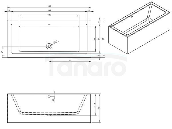 RIHO - Wanna akrylowa wolnostojąca prostokątna narożna LUGO 180x80x62 Plug &amp; Play LEWA  B133016005