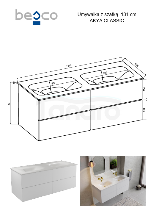 BESCO Szafka Akya Classic Biały Połysk 131 z umywalką gun metal + klik-klak chrom #KAC-131-GMC