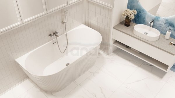 INVENA Wolnostojąca wanna przyścienna, ryflowana Glamour, 170 cm, w komplecie z syfonem i korkiem/odpływem w kolorze chrom AN-02-11U-KPL