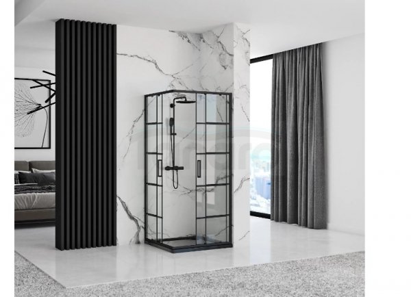 REA - Kabina prysznicowa kwadratowa CONCEPT  Black 90x90 czarna krata drzwi przesuwne 