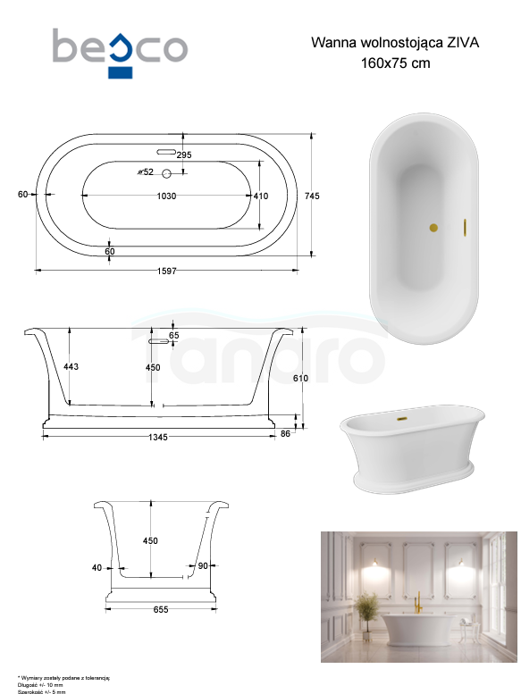 BESCO Wanna wolnostojąca Ziva Glam Złota 160x75 + klik-klak z przelewem szczelinowym chrom, postument biały #WWA-160ZZSC