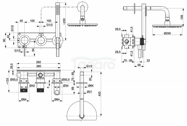 ARMATURA KRAKÓW KFA zestaw prysznicowy podtynkowy z baterią 3-otworową 2-funkcyjną MOZA 316L inox 5049-510-22