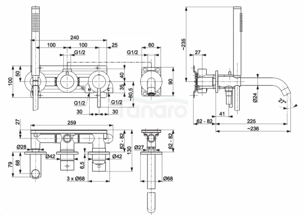 ARMATURA KRAKÓW KFA zestaw wannowy podtynkowy z baterią 3-otworową 2-funkcyjną MOZA GUN METAL GREY 5039-411-61