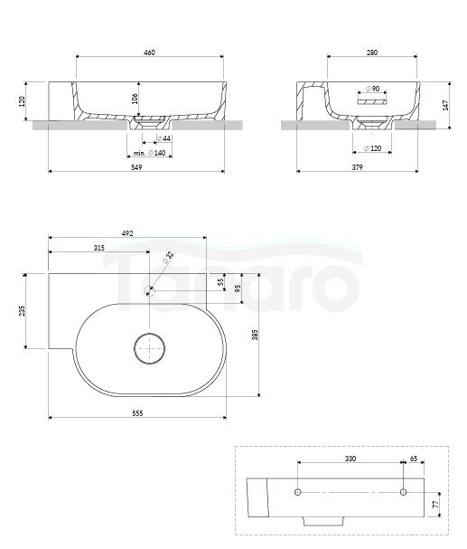 OMNIRES umywalka nablatowa/wisząca OVO M+ lewa, 55 x 38 cm biały połysk OVO555UWLBP