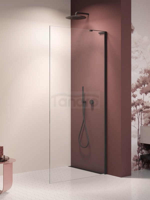 NEW TRENDY Kabina prysznicowa NESTA BLACK WALK-IN U 90x200 szkło czyste 8mm Active Shield 2.0 - WSPORNIK KĄTOWY K-1724-WL