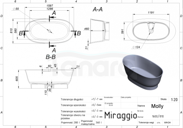 MIRAGGIO Wanna wolnostojąca MOLLY biała matowa 160cm 0002112