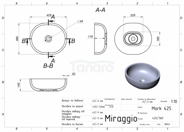 MIRAGGIO Umywalka 42,5x36 MARK 425 0002682