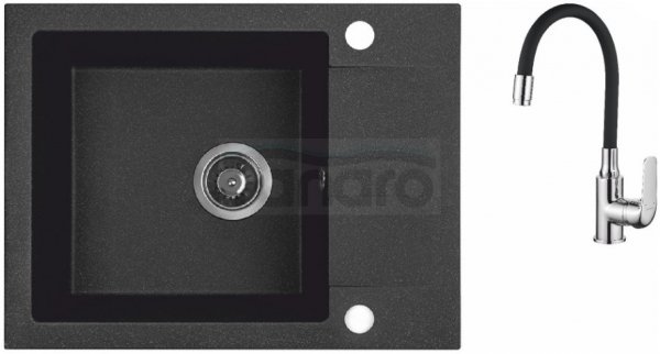 AQUAFORM - zlewozmywak granitowy MARANELLO 440 X 570 X 215 - 1 komora z 1/2 ociekacza, CZARNY + syfon oszczędzający miejsce z korkiem automatycznym + bateria stojąca z wylewką elastyczną  AQ.901-1011506 