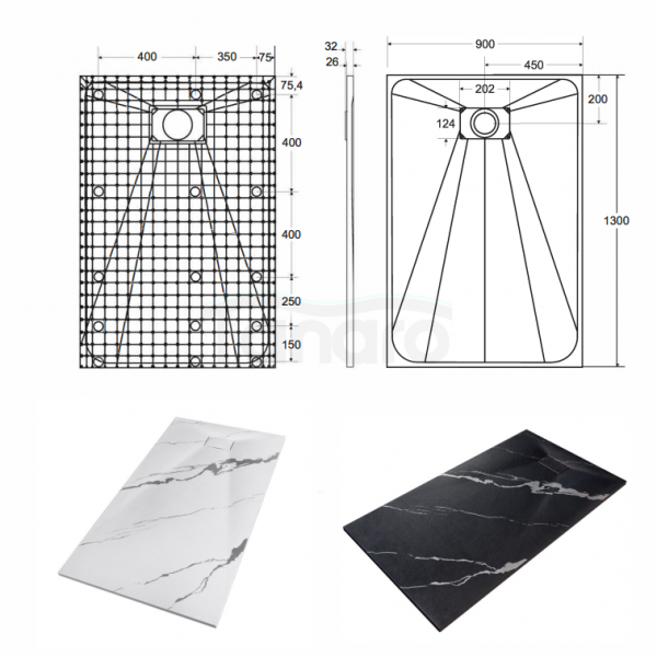 BESCO Brodzik prostokątny 130x90 Vexo Marble Black 130 VMB-130-90-P