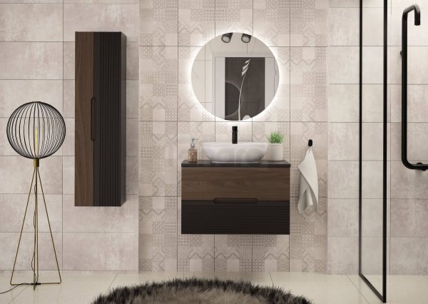 MEGSTYL Szafka z Umywalką i Blatem 2S 80cm Czarny Mat Orzech Zestaw-2  AVELLA-01