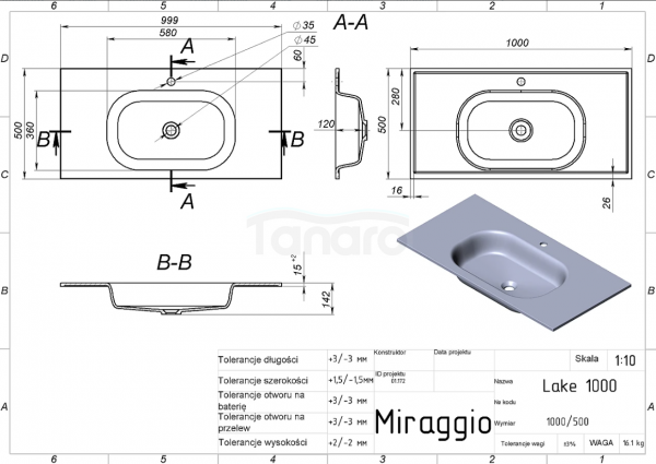 MIRAGGIO Umywalka LAKE 1000 8815156